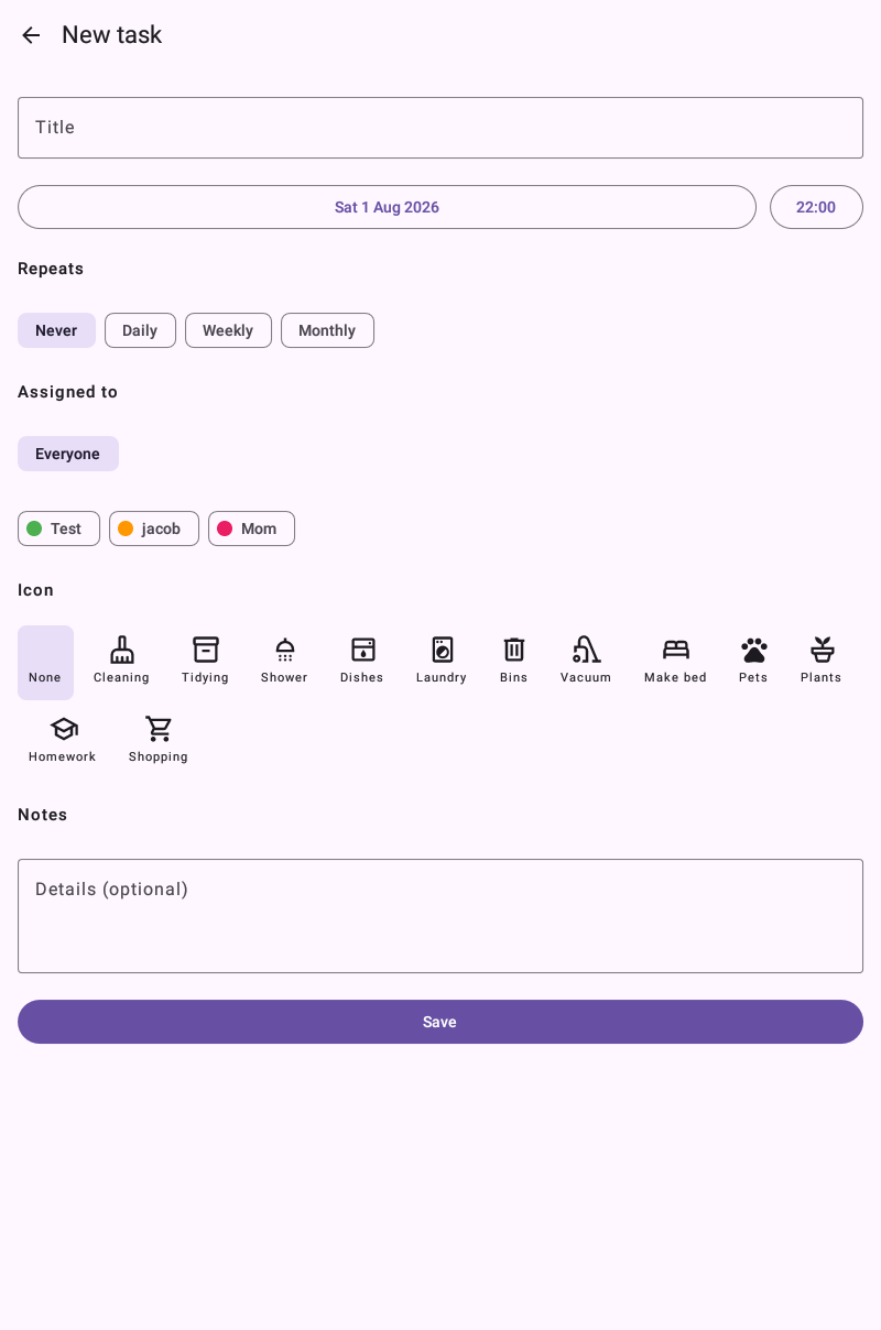 The new task screen with title, date and time, and repeat options.